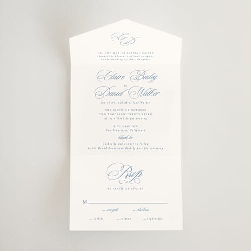 This is a sky all in one wedding invitations with standard by Creo Study called aristocratic printing on strathmore in all-in-one