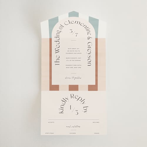 This is a almond all in one wedding invitations with standard by Blustery August called trois printing on strathmore in all-in-one