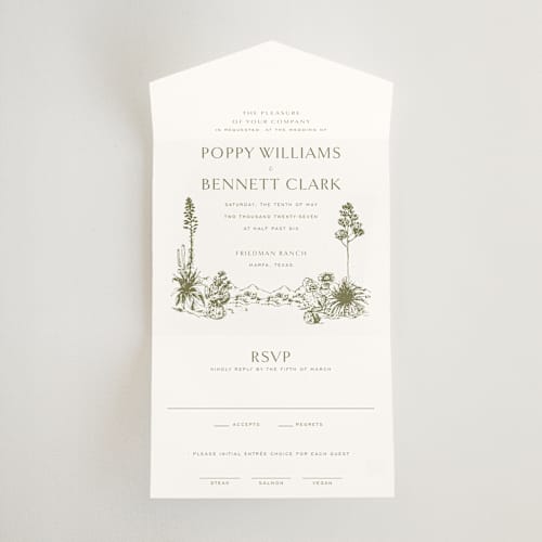 This is a verde all in one wedding invitations with standard by Megan Davis called rancho printing on strathmore in all-in-one