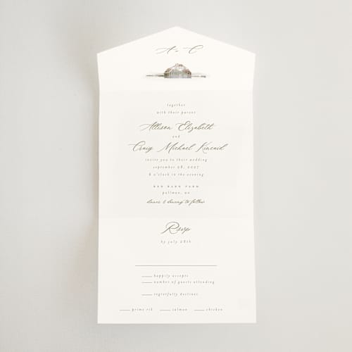 This is a fawn all in one wedding invitations with standard by AK Graphics called rustic barn printing on strathmore in all-in-one