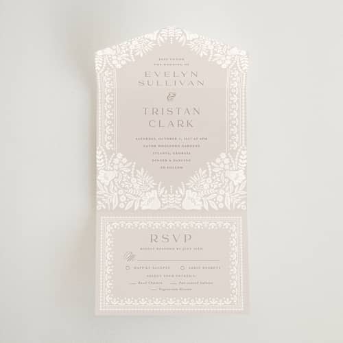 This is a cream all in one wedding invitations with standard by Kristen Smith called lace trim printing on strathmore in all-in-one
