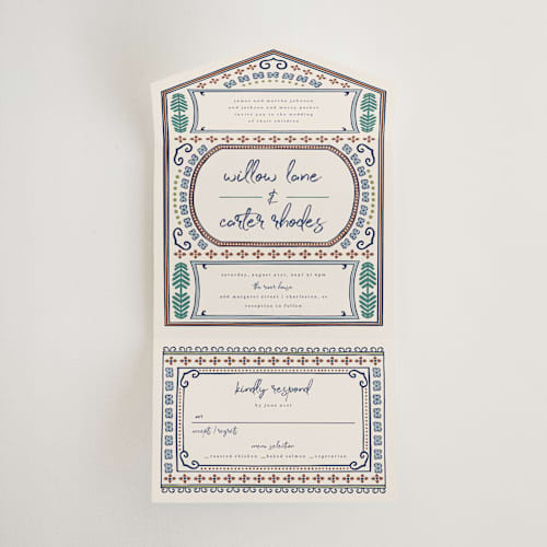 This is a neptune all in one wedding invitations with standard by Kelly Watkins called vase printing on strathmore in all-in-one