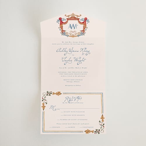 This is a royal all in one wedding invitations with standard by Cass Loh called swan crest printing on strathmore in all-in-one