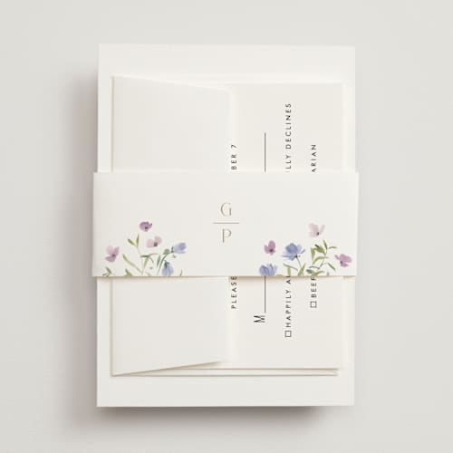 This is a wisteria belly bands with standard by Everett Paper Goods called sweeping meadow printing on signature text in belly band