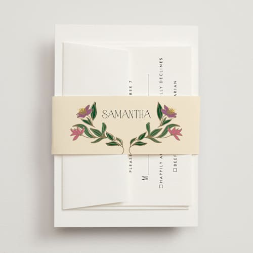 This is a midnight garden belly bands with standard by Simona Camp called gilded tapestry printing on signature text in belly band