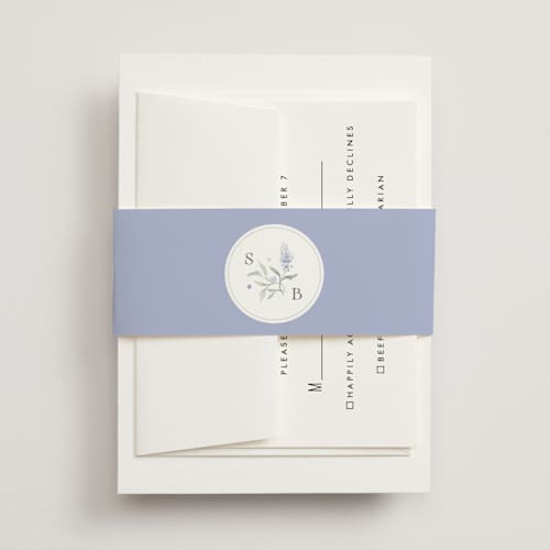 This is a periwinkle belly bands with standard by Kristen Smith called delicate vines printing on signature text in belly band