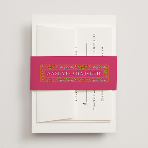 This is a fuchsia belly bands with standard by Pati Cascino called varna printing on signature text in belly band