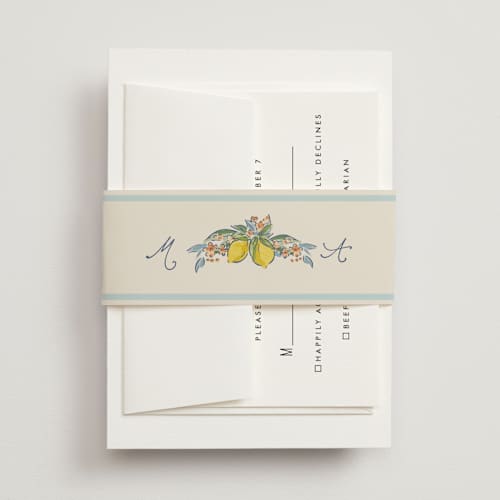 This is a aqua belly bands with standard by Chris Griffith called amalfi coast wedding printing on signature text in belly band