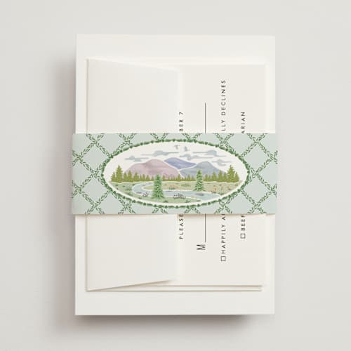 This is a pine belly bands with standard by Paper Sun Studio called river valley printing on signature text in belly band