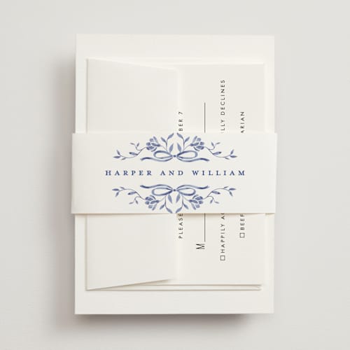 This is a blue willow belly bands with standard by Susan Zinader called daisy toile printing on signature text in belly band