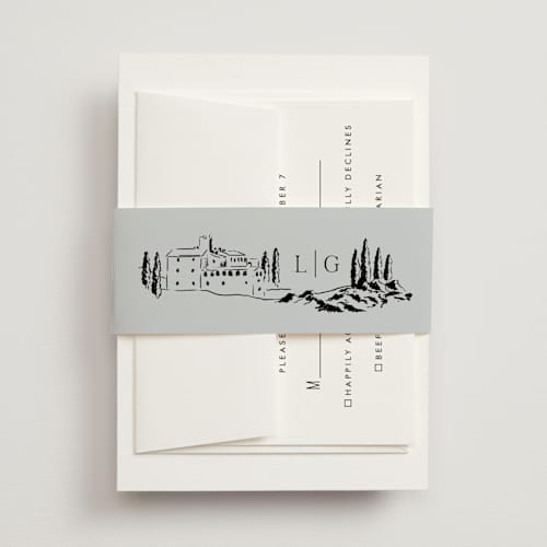 This is a noir belly bands with standard by Shiny Penny Studio called countryside villa printing on signature text in belly band