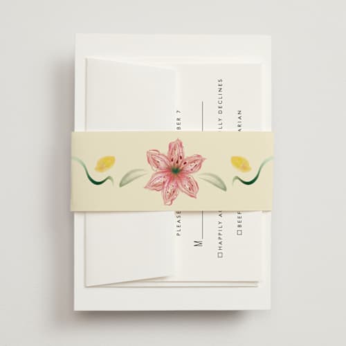 This is a blush belly bands with standard by Emily Miranda called romantic tropical wedding printing on signature text in belly band