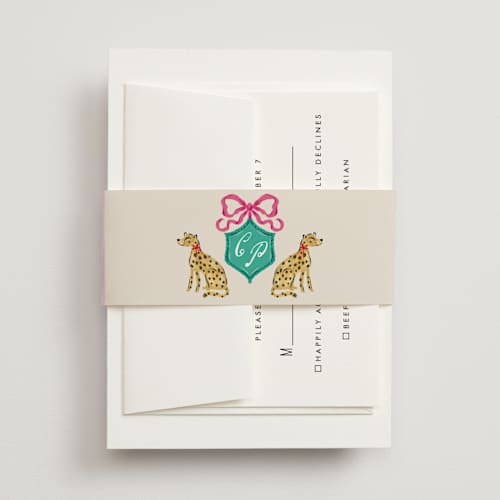 This is a peony belly bands with standard by Jackie Crawford called whimsical hand illustrated crest printing on signature text in belly band
