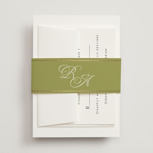 This is a olive belly bands with foil pressed by Ellen Schlegelmilch called rory printing on signature text in belly band
