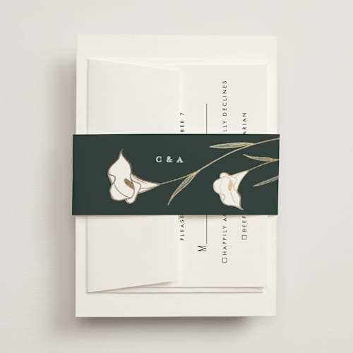 This is a forest belly bands with foil pressed by Stacey Meacham called elegant lillies printing on signature text in belly band