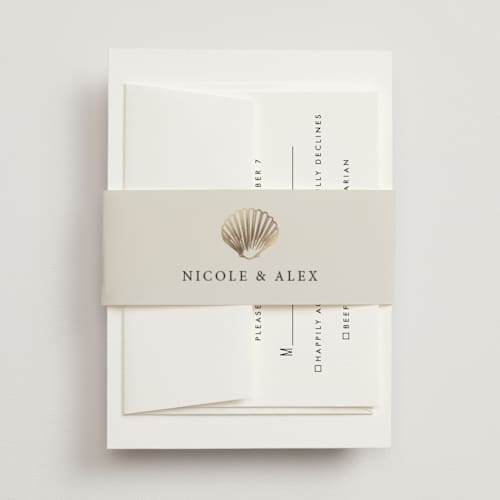 This is a sand belly bands with foil pressed by Hannah Bowman called simple seashell printing on signature text in belly band