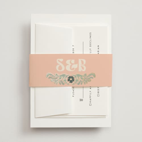 This is a sage belly bands with foil pressed by GeekInk Design called nouveau frame printing on signature text in belly band