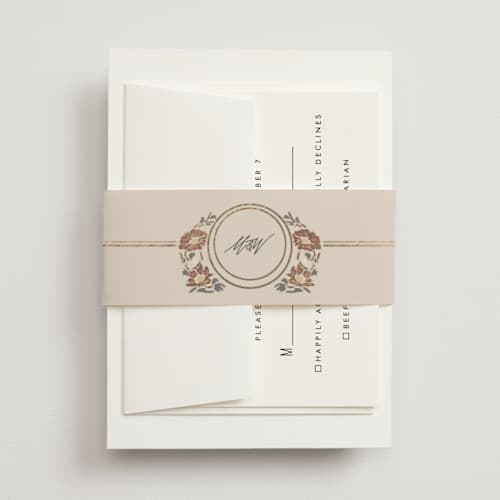 This is a champagne belly bands with foil pressed by Ana de Sousa called timeless nature printing on signature text in belly band
