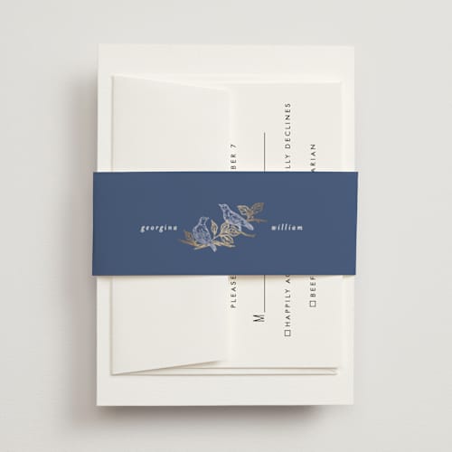 This is a cornflower belly bands with foil pressed by Grae called meet me in the garden printing on signature text in belly band