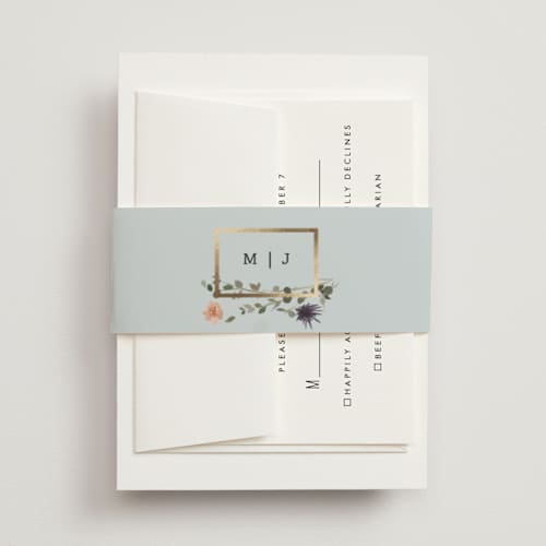 This is a mist belly bands with foil pressed by Hannah Williams called blue garden printing on signature text in belly band