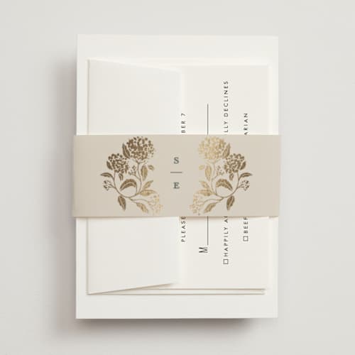 This is a tea time belly bands with foil pressed by Susan Zinader called shimmering hydrangeas printing on signature text in belly band
