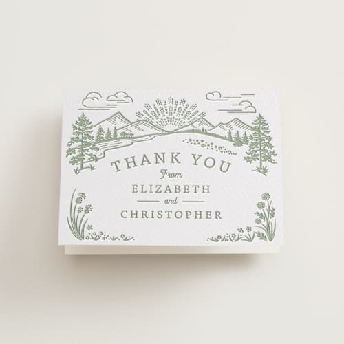 This is a olive wedding thank you cards with letterpress by Paper Sun Studio called on the horizon printing on coventry320 in standard