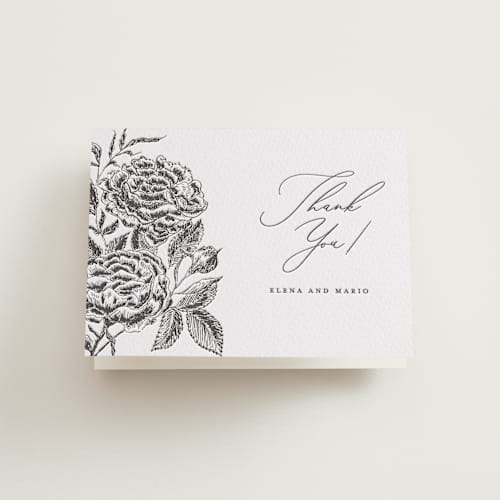This is a soft black wedding thank you cards with letterpress by Chris Griffith called etchings of roses printing on coventry320 in standard