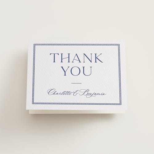 This is a lapis wedding thank you cards with letterpress by Pixel and Hank called starboard printing on coventry320 in standard