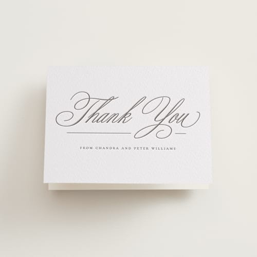 This is a graphite wedding thank you cards with letterpress by Wildfield Paper Co called calligraphie printing on coventry320 in standard