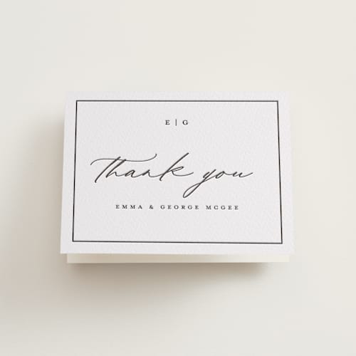 This is a soft black wedding thank you cards with letterpress by Stacey Meacham called heritage printing on coventry320 in standard