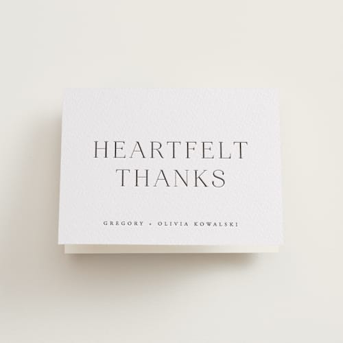 This is a soft black wedding thank you cards with letterpress by Hooray Creative called classy type printing on coventry320 in standard