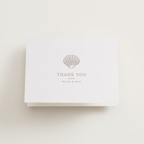 This is a dove grey wedding thank you cards with letterpress by Hannah Bowman called simple seashell printing on coventry320 in standard