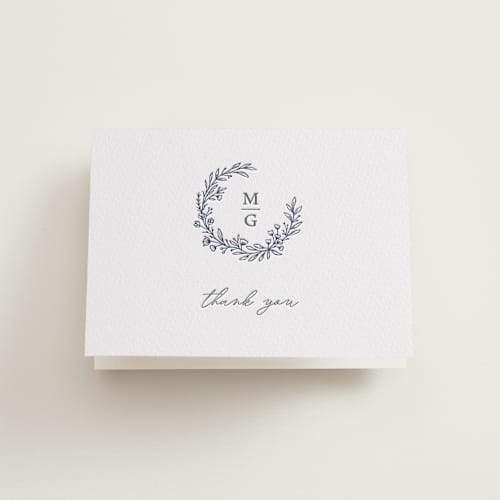 This is a pacific blue | blueberry wedding thank you cards with letterpress by Katherine Moynagh called wreathed monogram printing on coventry320 in standard
