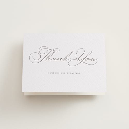 This is a graphite wedding thank you cards with letterpress by Wildfield Paper Co called love letters printing on coventry320 in standard