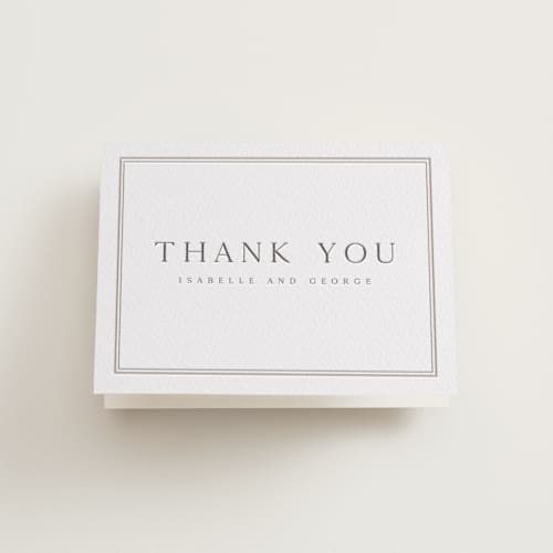 This is a dove grey wedding thank you cards with letterpress by Nicole Walsh called formal serif printing on coventry320 in standard