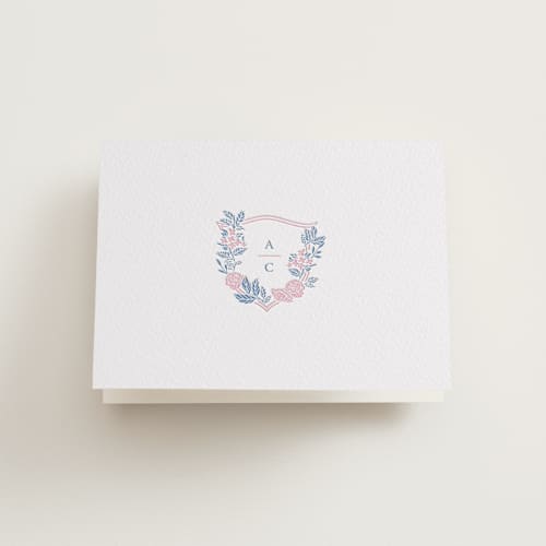 This is a slate wedding thank you cards with letterpress by Olivia Raufman called flourishing crest printing on coventry320 in standard