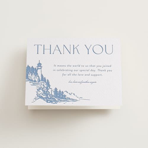 This is a pacific blue wedding thank you cards with letterpress by Tennie and Co. called the cliff printing on coventry320 in standard