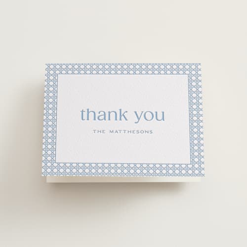This is a robin's egg wedding thank you cards with letterpress by Ellen Schlegelmilch called delicate rattan printing on coventry320 in standard