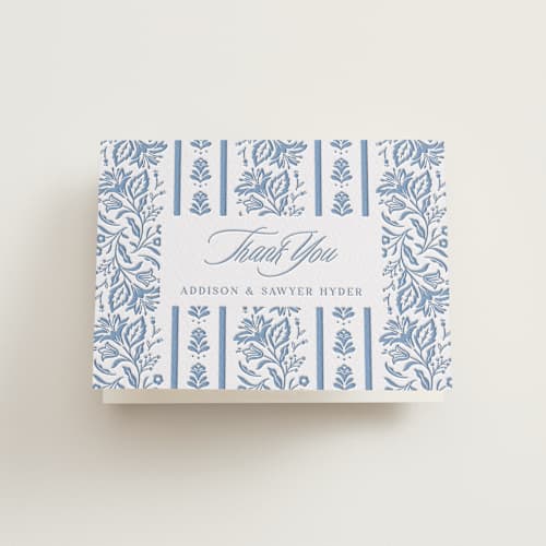 This is a pacific blue wedding thank you cards with letterpress by Erin German called sweet garden printing on coventry320 in standard