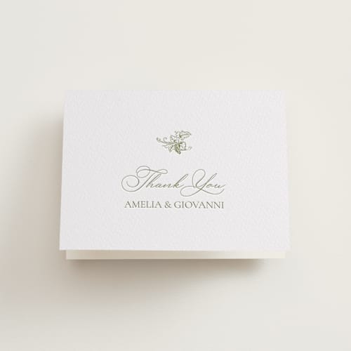 This is a olive wedding thank you cards with letterpress by Lucrecia Caporale called vineyard elegance printing on coventry320 in standard