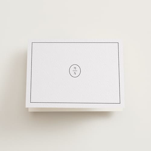 This is a soft black wedding thank you cards with letterpress by Olivia Raufman called minimalist monogram printing on coventry320 in standard