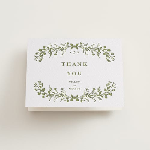 This is a olive wedding thank you cards with letterpress by Susan Moyal called greenery vine printing on coventry320 in standard