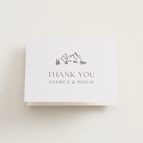 This is a graphite wedding thank you cards with letterpress by Lucrecia Caporale called mountain serenity printing on coventry320 in standard