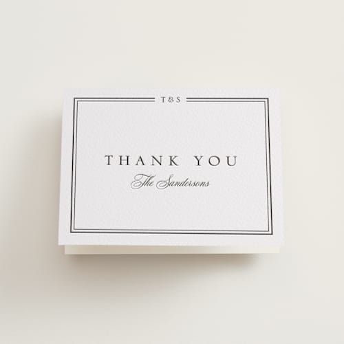 This is a soft black wedding thank you cards with letterpress by Nicole Walsh called classic frame printing on coventry320 in standard