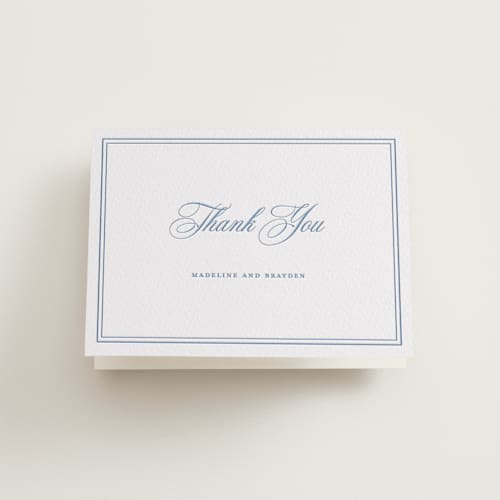 This is a pacific blue wedding thank you cards with letterpress by Melinda Denison called the chapel printing on coventry320 in standard