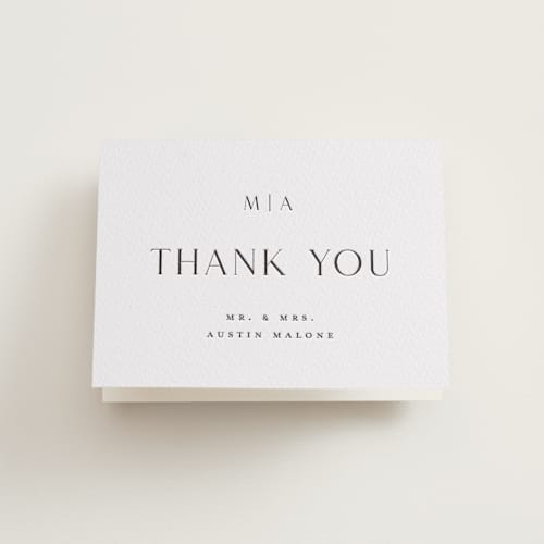This is a soft black wedding thank you cards with letterpress by Stacey Meacham called simple charm printing on coventry320 in standard
