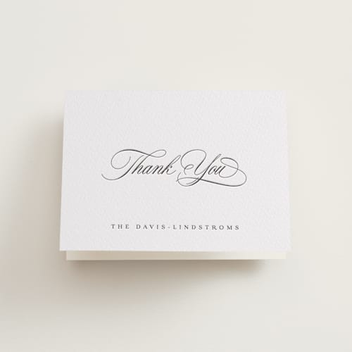 This is a soft black wedding thank you cards with letterpress by Olivia Raufman called ambrose printing on coventry320 in standard