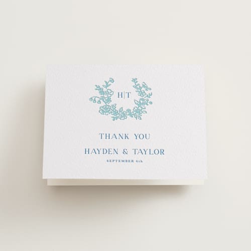 This is a robin's egg | marine blue wedding thank you cards with letterpress by Cass Loh called flowers monogram printing on coventry320 in standard