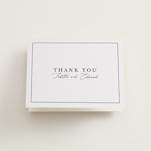 This is a soft black wedding thank you cards with letterpress by Tamara Hilje called modern classic printing on coventry320 in standard