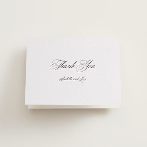This is a soft black wedding thank you cards with letterpress by Benita Crandall called palazzo printing on coventry320 in standard